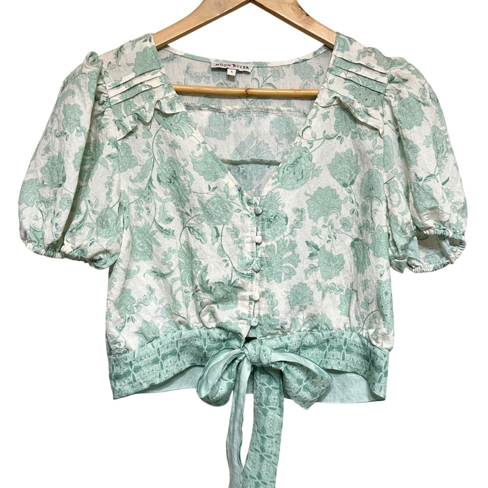 Moon River Floral Tie-Front Crop Blouse Womens S Puff Sleeve Cottage Feminine